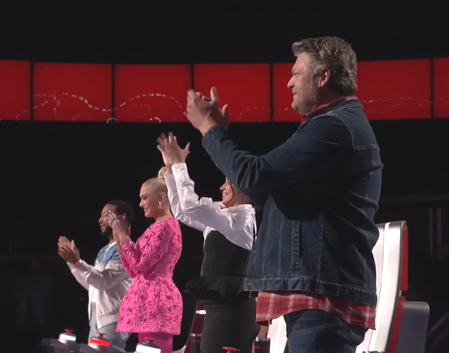 (L-R) John Legend, Gwen Stefani, Camila Cabello and Blake Shelton standing and applauding on ‘The Voice’