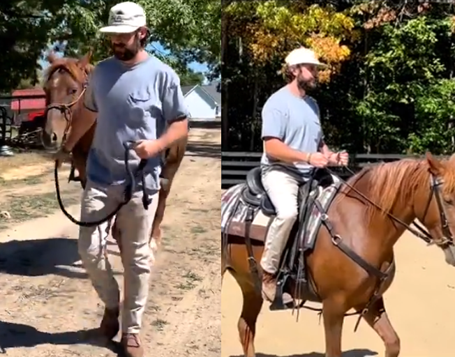 Thomas Rhett walking and riding a horse