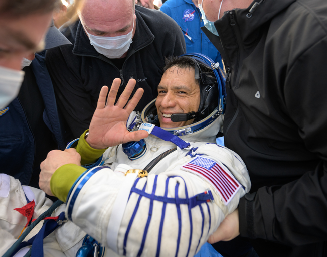 Expedition 69 NASA astronaut Frank Rubio is helped out of the Soyuz MS-23 spacecraft just minutes after landing back on Earth.