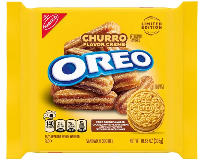 A package of OREO Churro Flavor Creme cookies